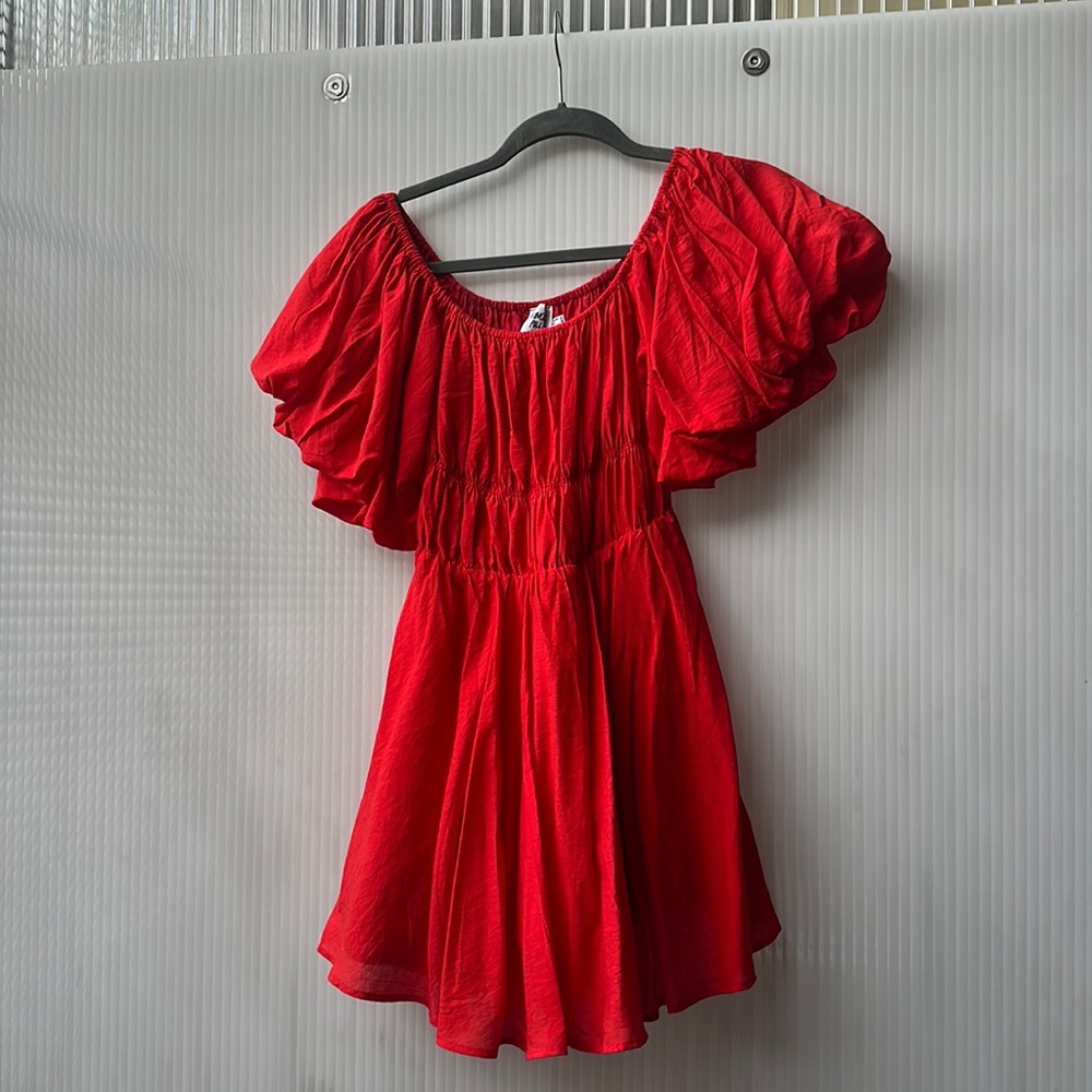 Red mini dress with puff sleeves